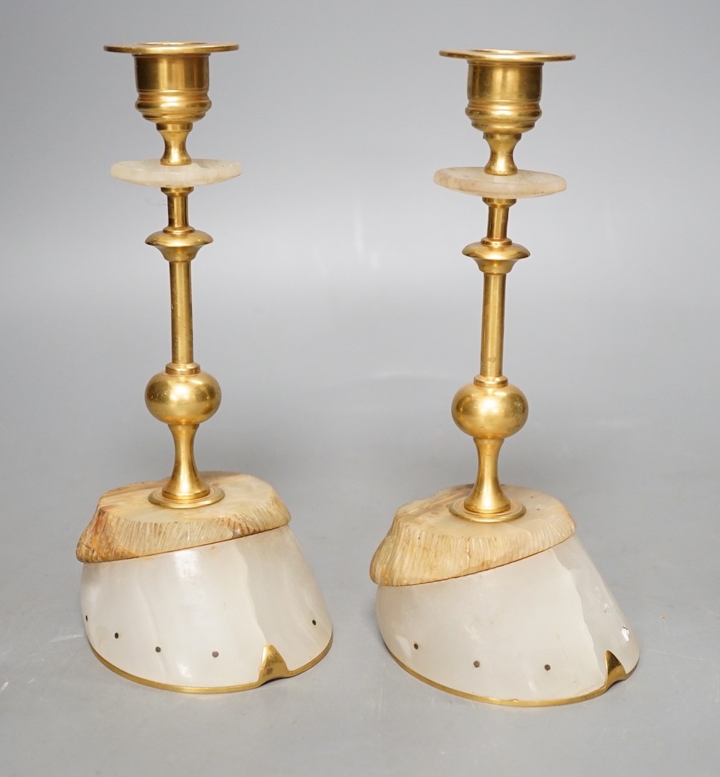 A pair of gilt metal and hardstone 'hoof' candlesticks, 19cm